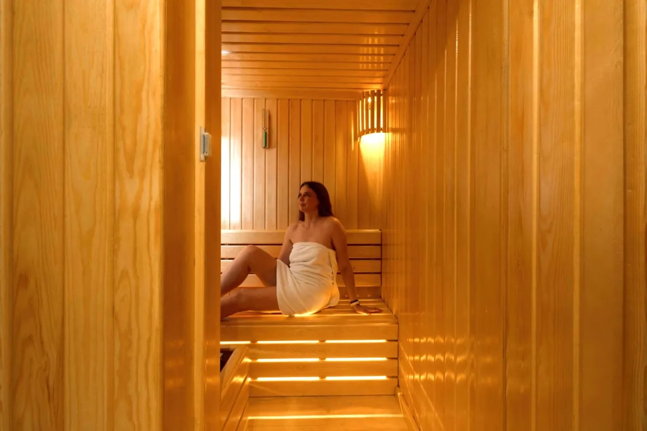 Warm-wood wellness area aboard Le Yacht I